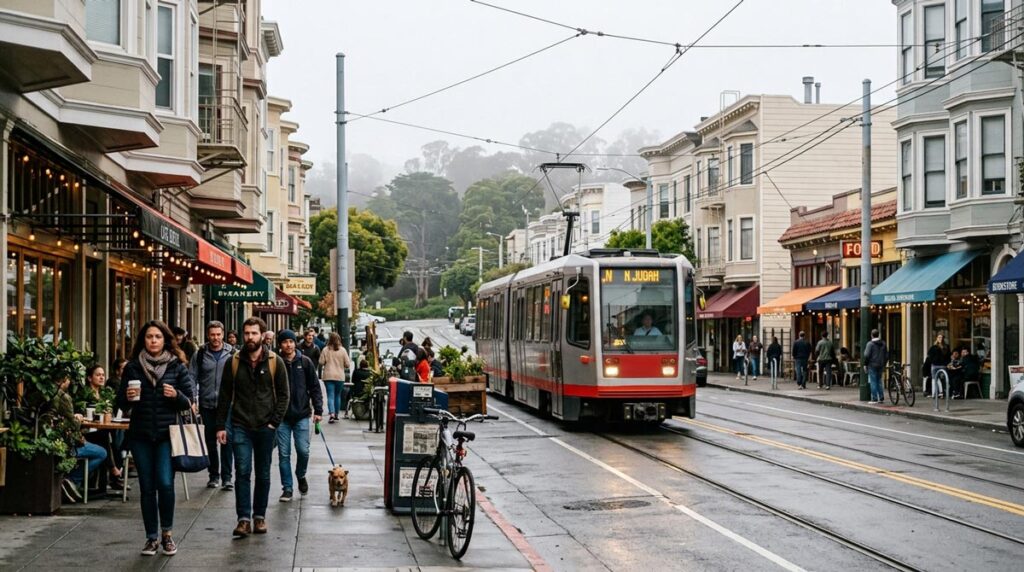 A modern light rail transit train traveling down tracks on a bustling city street lined with multi-story residential buildings, outdoor cafes, and pedestrians.
