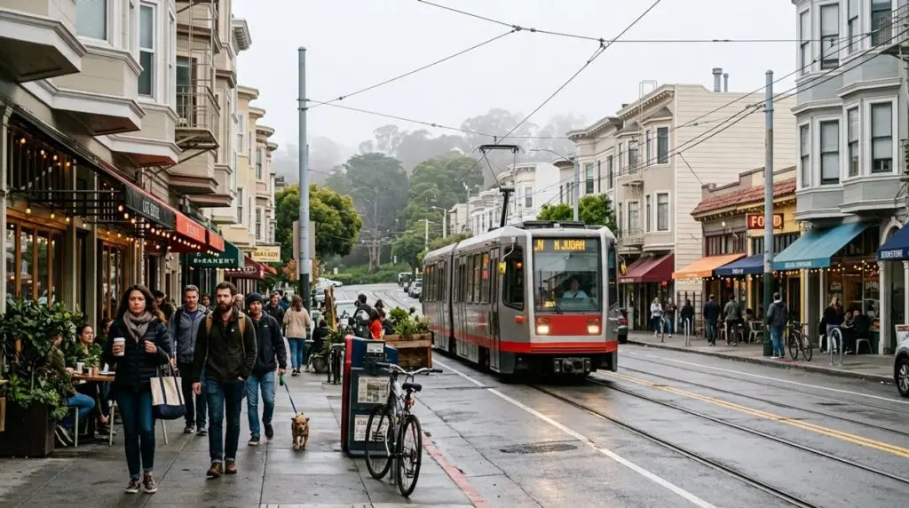 A modern light rail transit train traveling down tracks on a bustling city street lined with multi-story residential buildings, outdoor cafes, and pedestrians.