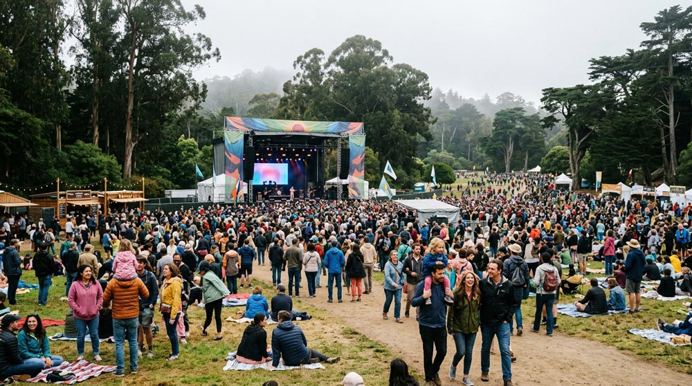 A large crowd gathered on a grassy lawn watching a live concert stage surrounded by tall pine trees on a foggy day.