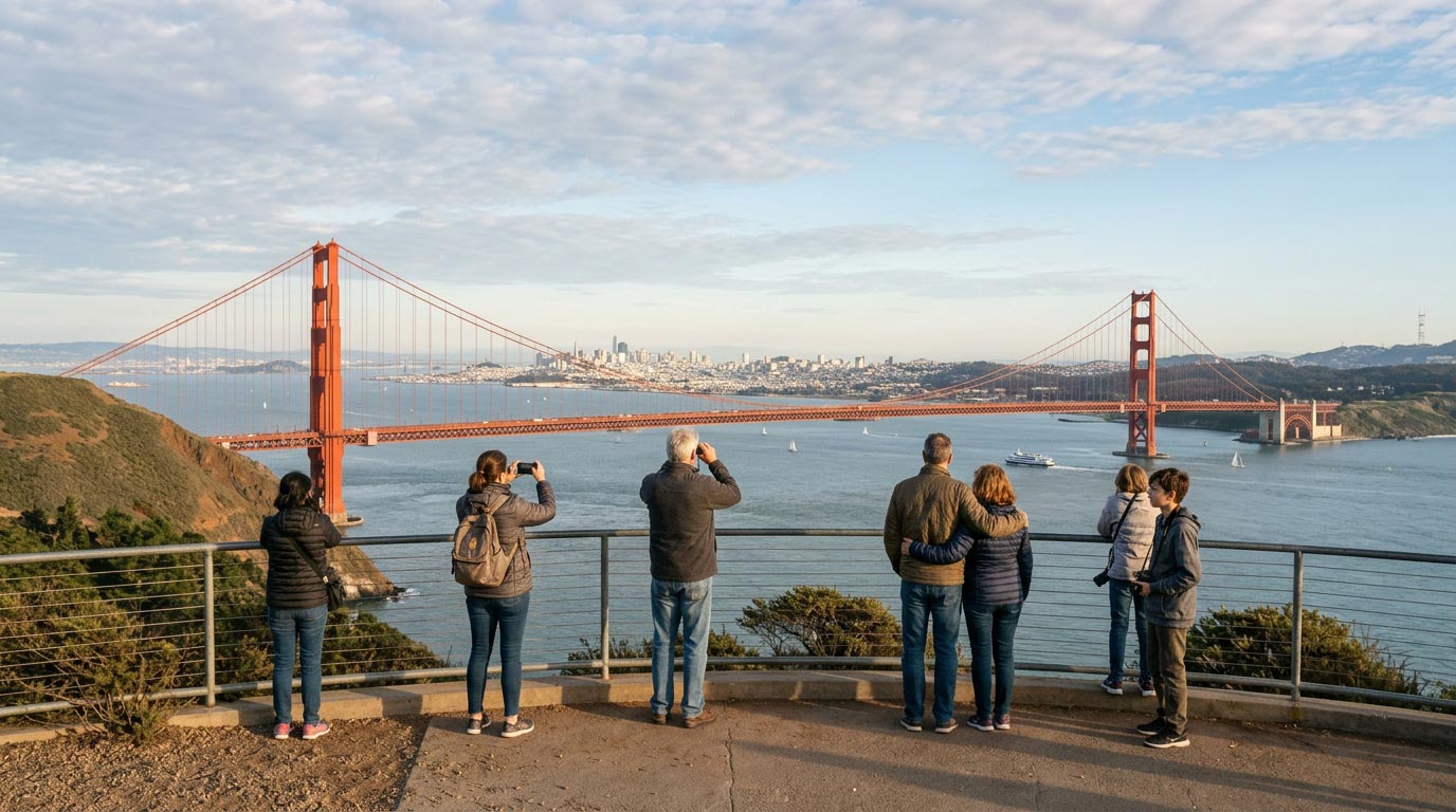 A group of tourists standing behind a metal railing at a scenic overlook, taking photos and admiring the Golden Gate Bridge and city skyline across the bay.