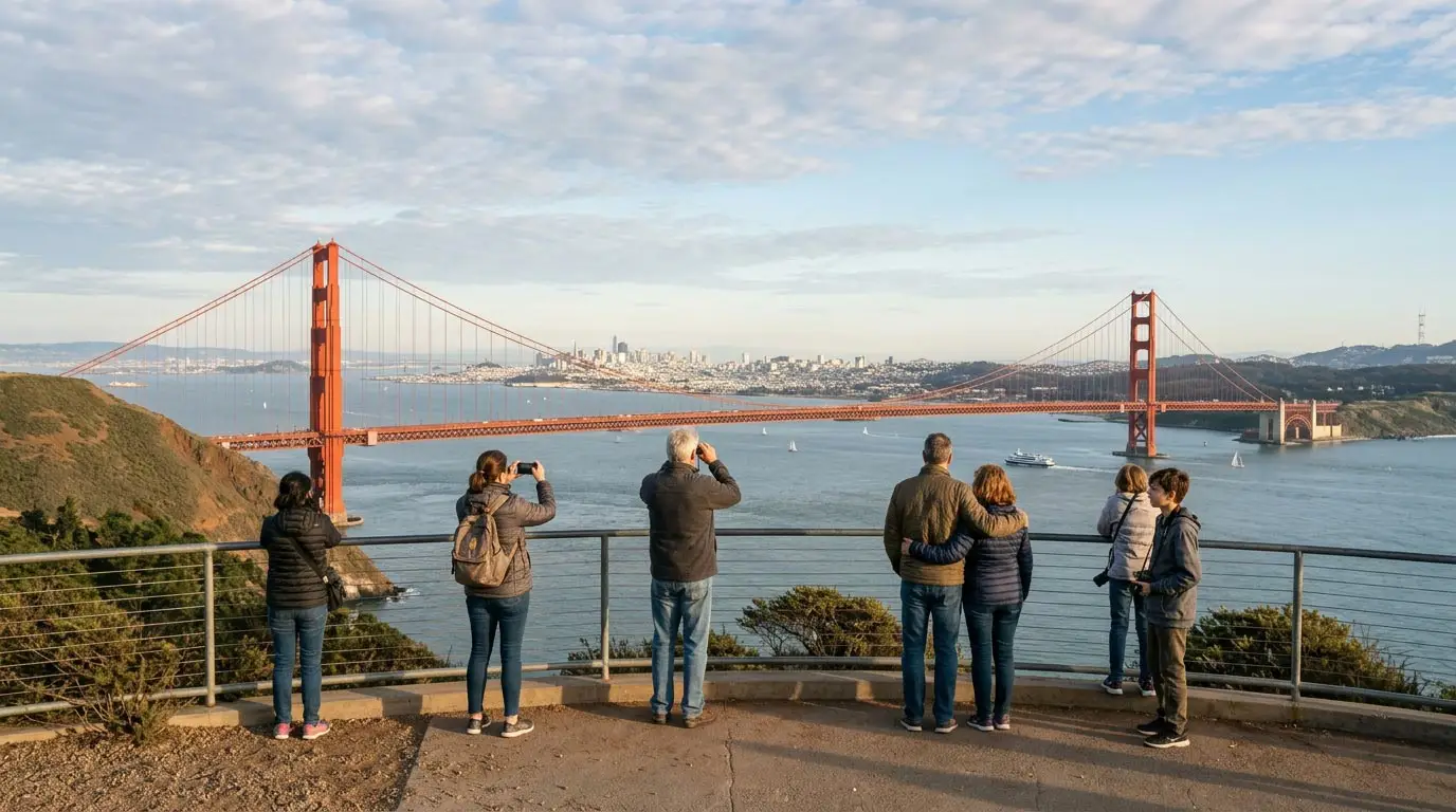 A group of tourists standing behind a metal railing at a scenic overlook, taking photos and admiring the Golden Gate Bridge and city skyline across the bay.