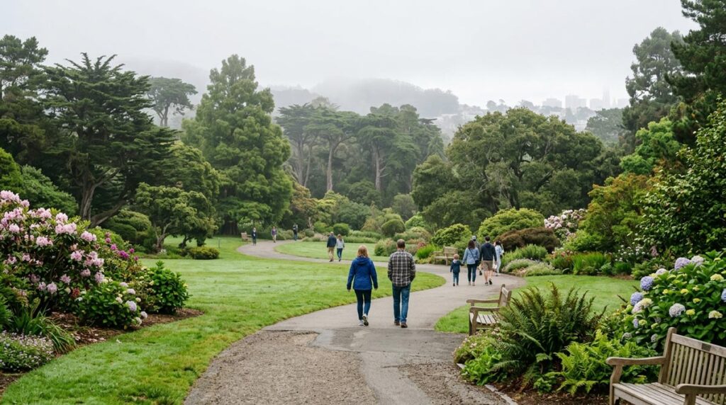 People strolling down a paved pathway through a lush botanical garden surrounded by manicured green lawns, blooming hydrangeas, rhododendrons, and tall cypress trees on an overcast day.